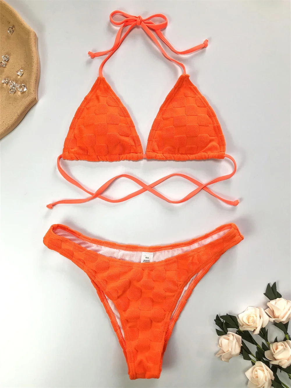 Bikini naranja con cuello Halter y cordón triangular, traje de baño con realce en relieve extremo sin espalda, traje de baño para mujer, traje de baño para playa, Bikini