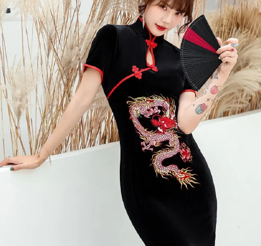 Wholesale New Style Chinese Spring Summer Women Cheongsam Classical Embroidered Dragon Long Skirt Wedding Party Birthday Dress