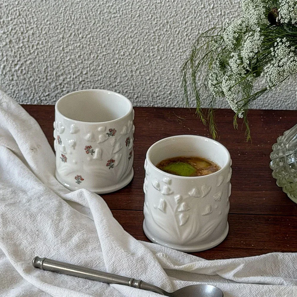 French Style Floral Relief Ceramic Cup Delicate High Grade Porcelain Household Round Drinkware Afternoon Tea Milk Coffee Cups