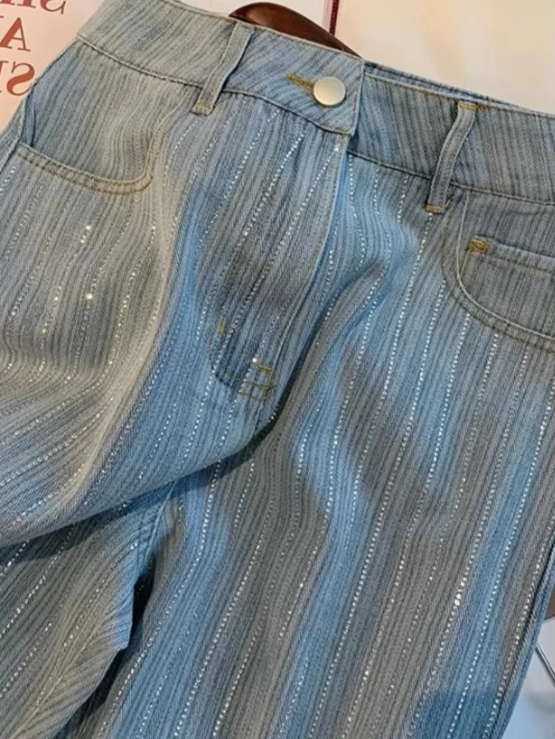 

Весенне-осенние модные полосатые повседневные широкие джинсовые брюки со стразами, мужские специальные джинсы прямого кроя с драпировкой