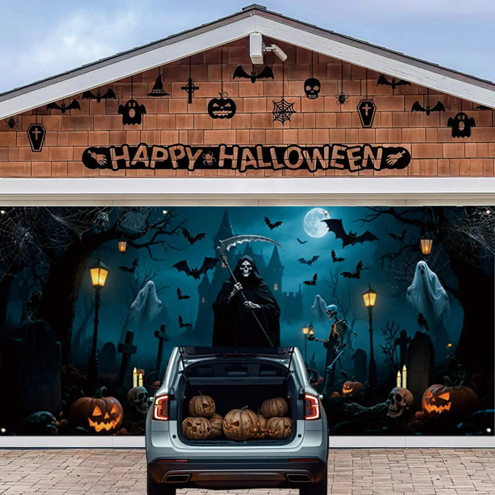 Garage Door Cover Decorative Mural Backdrop Cover Wall Backdrop Hangable For Outdoor Home Holiday Party Lawn Yard Garden