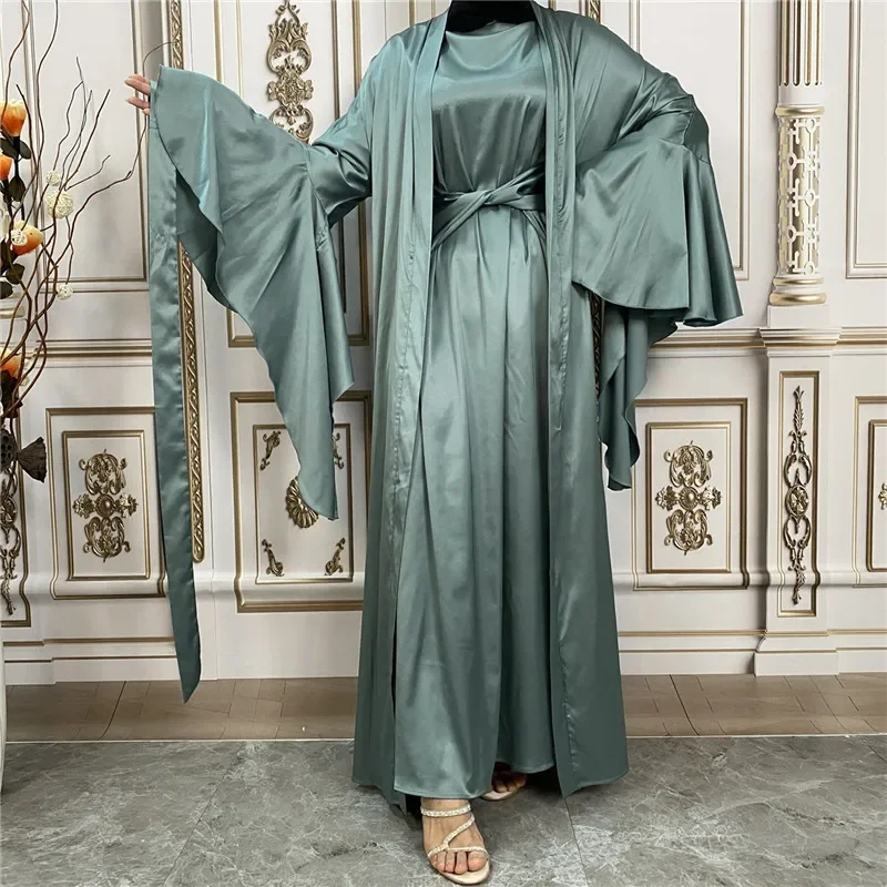 2-teiliges Set Satin Open Abaya Kimono Cardigan Damen Muslimisches Kleid mit Gürtel Eid Ramadan Jalabiya Passende Outfits Dubai Kaftan Robe