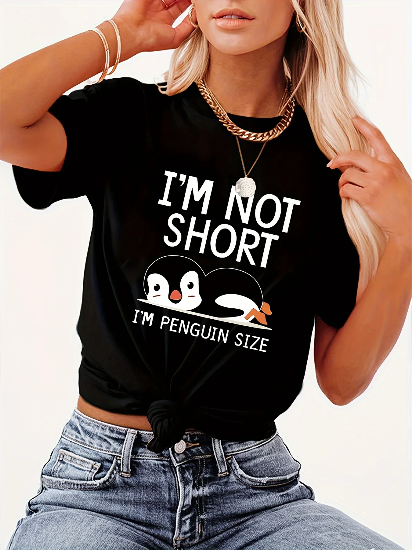 

Женская футболка с рисунком «i'm Not Short, I'm Penguin», Повседневная модная футболка с коротким рукавом,