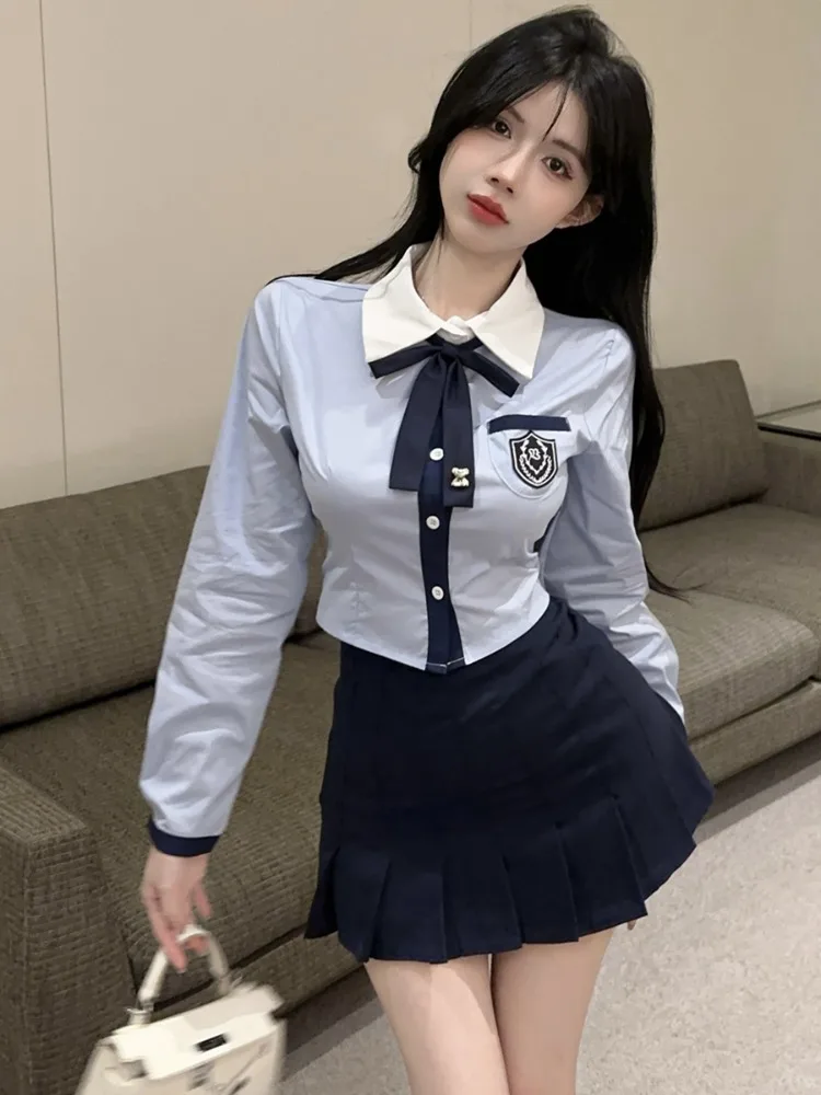 

Fall College Style JK Uniform Set Spicy Pure Desire Long Sleeve Shirt Top High Waist Pleated Skirt Two Piece Set