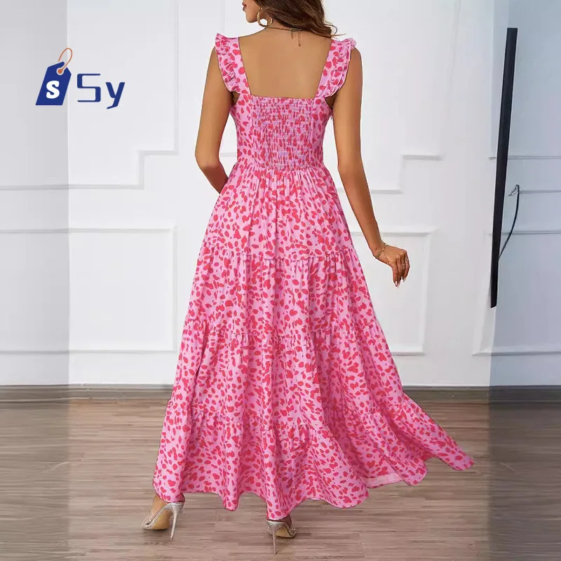 Sy Spring/summer New Women's Dress Pink Dot Halter Square Neck Maxi Dress Elegant Ladies Foyer Beach Party Dress For Women