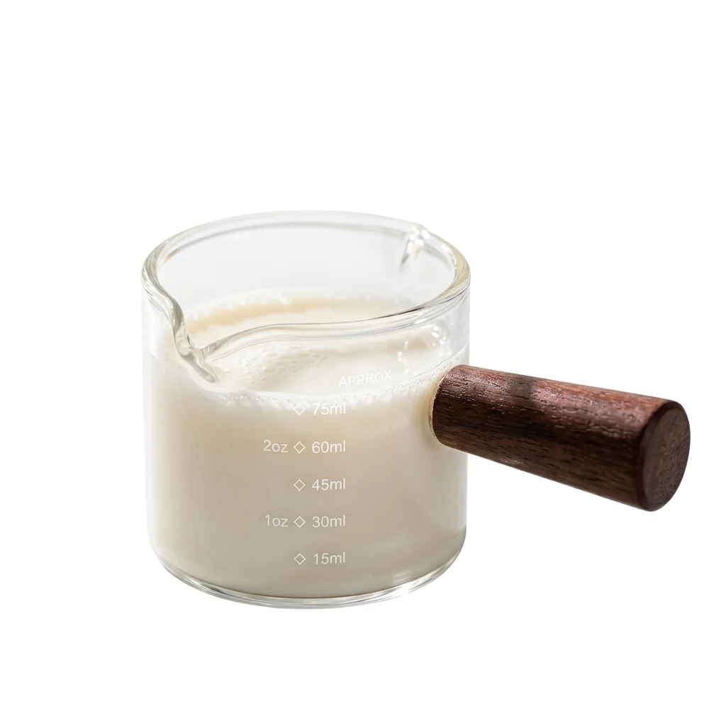 Double Spout Glass Milk Pitcher Wood Handle 75ml Mini Creamer Jug Scale Heat Resistant Frothing Cup for Latte Art Coffee Tea