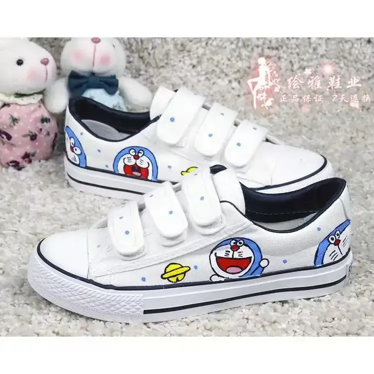 Doraemon 2025 drop shipping Canvas Shoes Women's plus big size Student Couple high-top real pictures man white board shoes flat