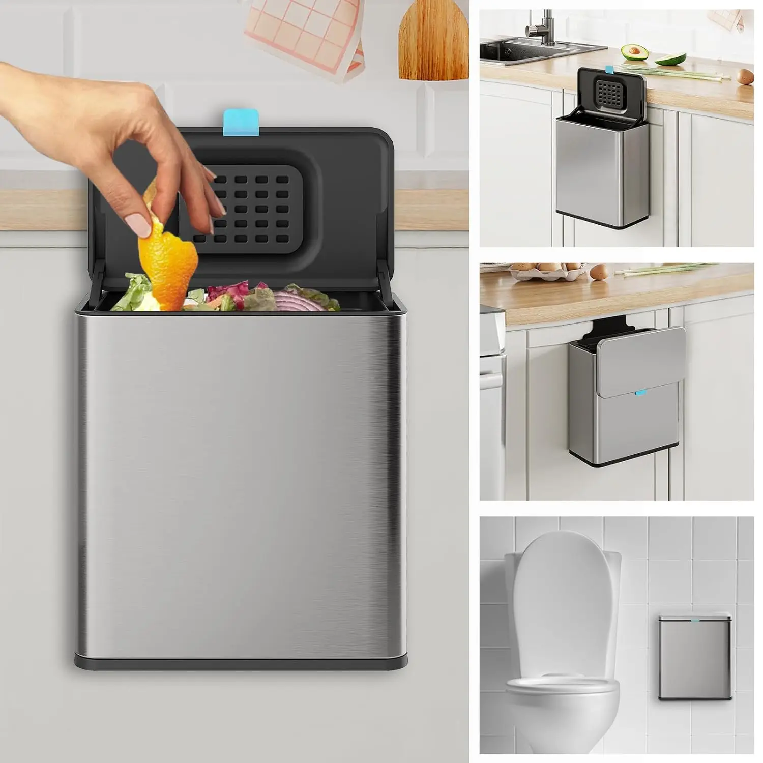 RVS hangende vuilnisbak met deksel en binnenemmer, 2-gallon keukencompostbak/camper