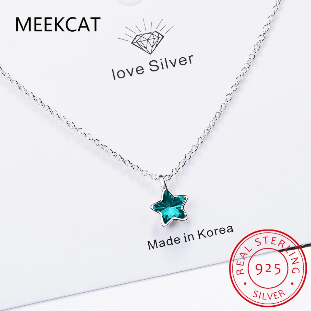 Star Created Blue Sapphire 925 Sterling Silver Blue Crystal Pentagram Pendant Necklace for Woman Fine Jewelry Colar de Prata