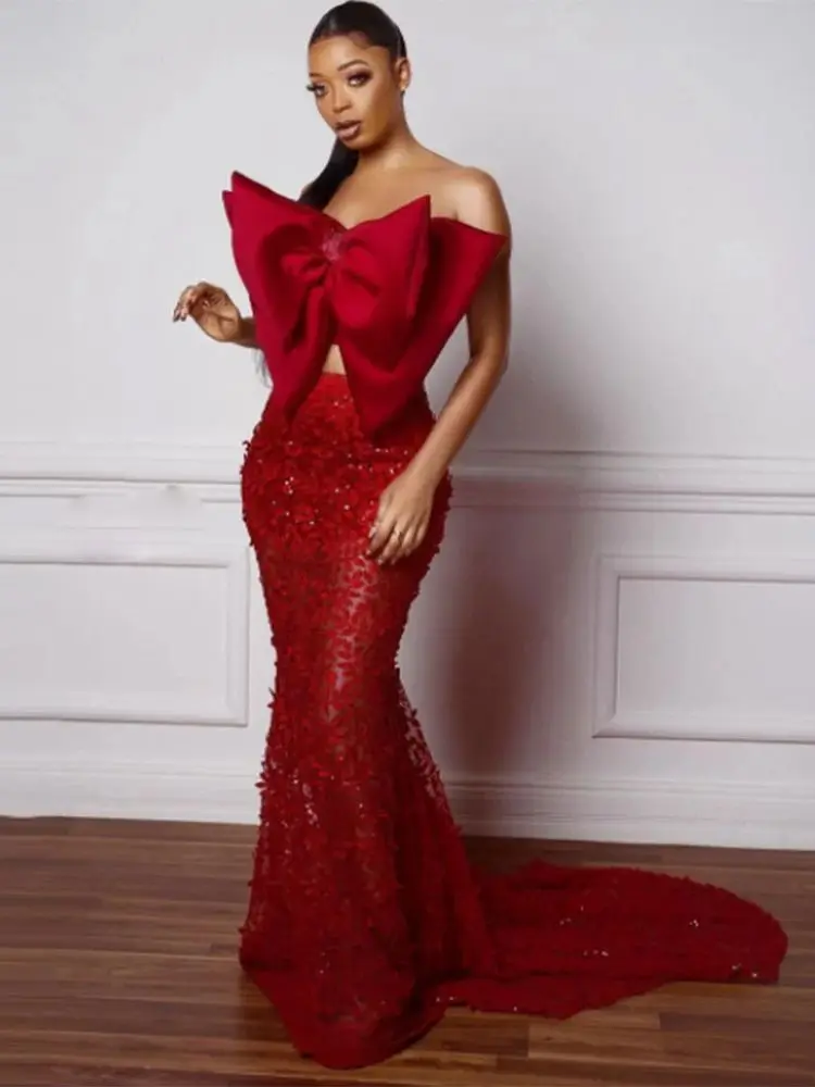 Dark Red Mermaid Evening Gown with Big Bow Strapless Satin Lace Formal Prom Dress for Girls Party Occasion 2025 view 2