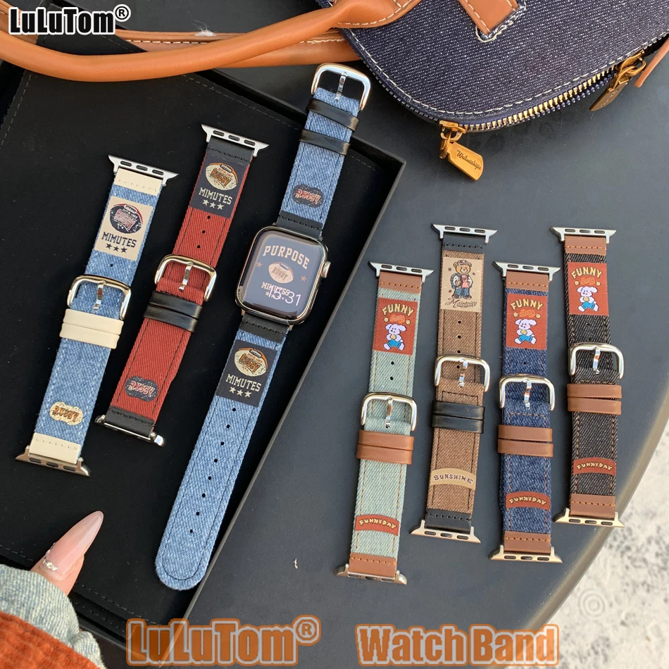 Vintage Denim Strap For Apple Watch Band 46 38 41 40 44 42 45 49 mm Fashion Rugby Bracelet iWatch Series 10 9 8 7 6 5 SE Ultra 2