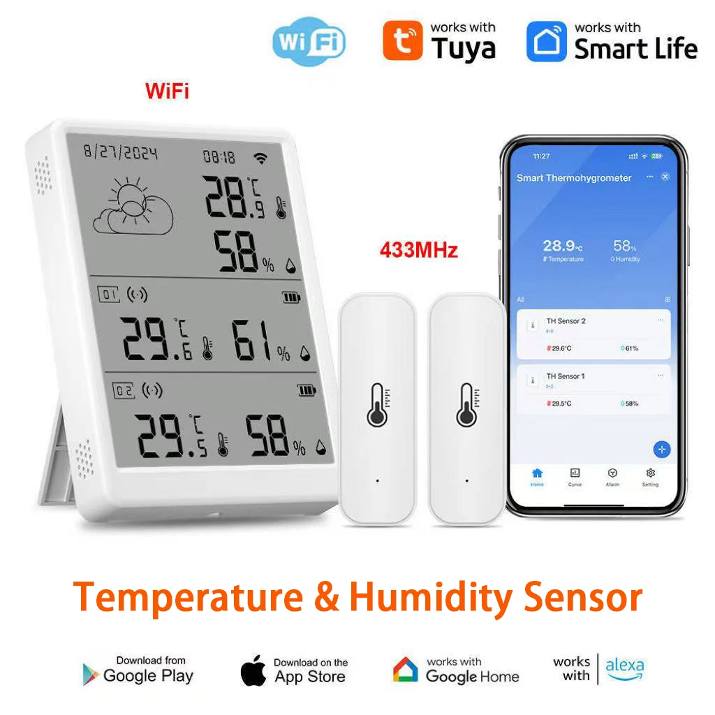 Tuya WiFi+RF433 Temperature And Humidity Sensor Sets Screen Display Monitor Ambient Thermometer  Works With  Alexa Google Home
