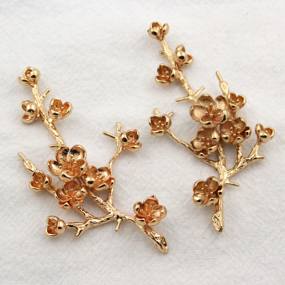 5pairs Brass Casted Winter Flower Branch Stamping Half Hole Pearls Base Blanks Oriental Charms DIY Jewelry Accessories