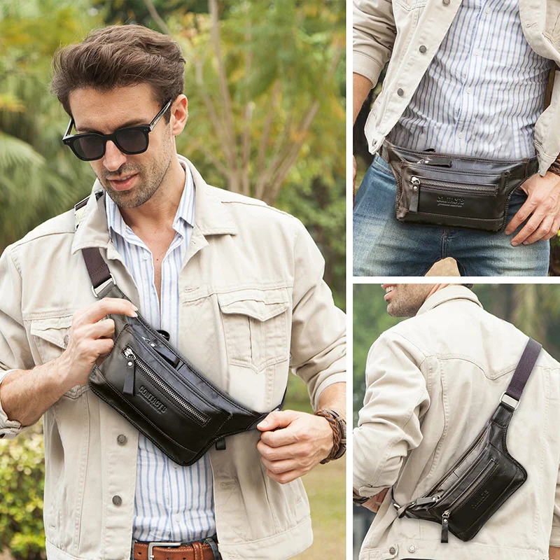 Riñonera informal de cuero genuino para hombre, bolsa de plátano para teléfono móvil, bolso cruzado de viaje para el pecho