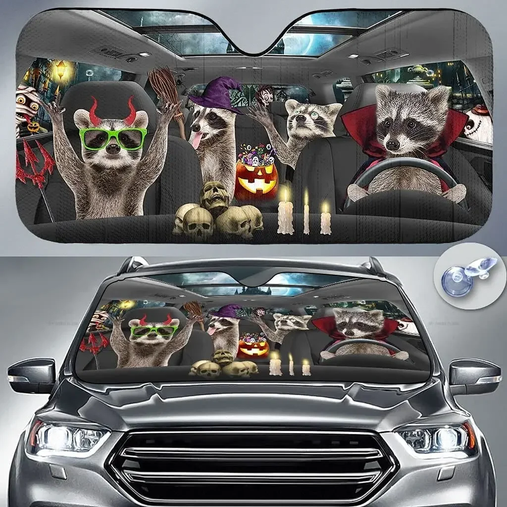 Funny Raccoon Family in Halloween Costumes Driving Xmas Car Sunshade Windshield Window, Gift for Raccoon Lover, Car Windshield A