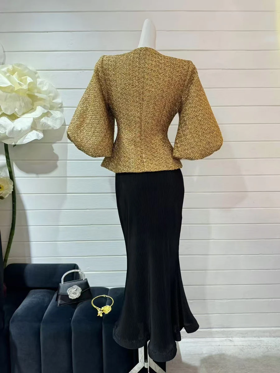 TWOTWINSTYLE Solid Slimming Temperament Coats For Women Round Neck Lantern Sleeve Tunic Patchwork Single Breast Jacket Female