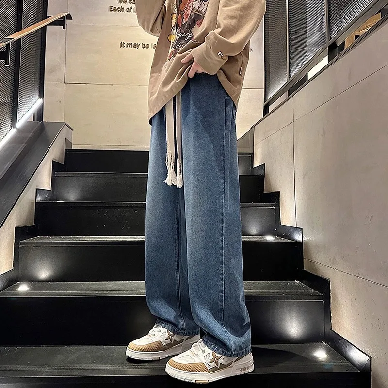 Retro High Waist Straight Leg Jeans Women's Elastic Waist Student Slimming Loose Fit Drawstring Wide Leg Pants Autumn 2023