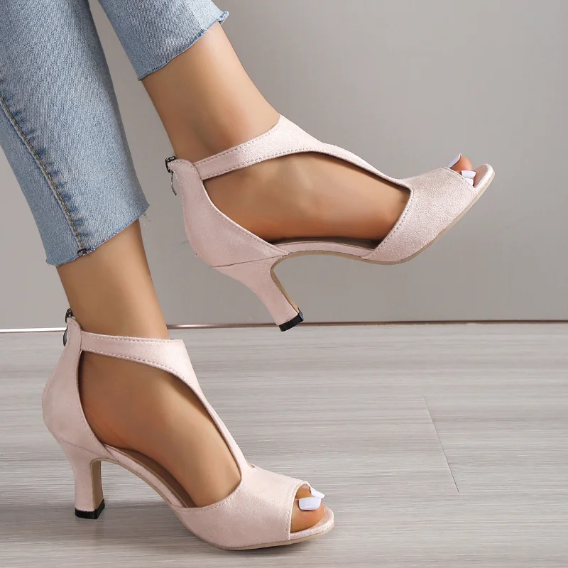 Heeled Sandals Women 2023 New Simple Back Zipper Fishmouth High Heels Women Shoes Summer Fashion Stiletto Women Sandals