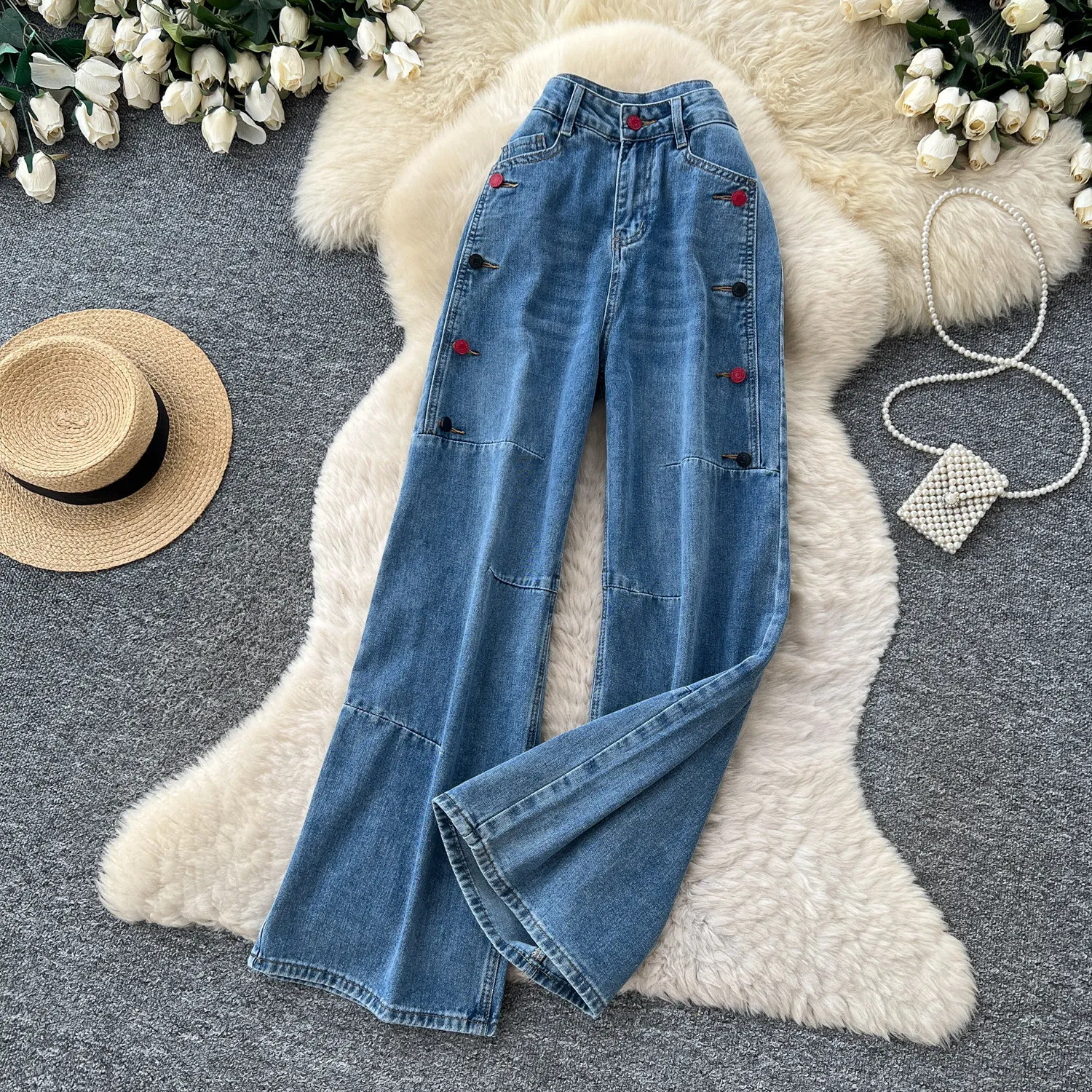 Women Denim Pant Jeans Vintage Wide Leg Long Pants Slim Fit High Waist Straight Trousers Y2k Streetwear Elegant Work Casual