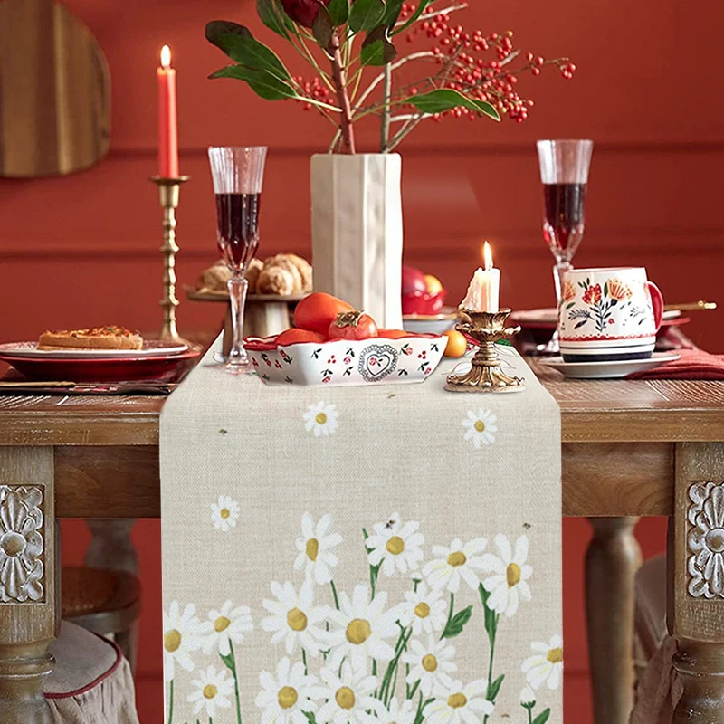 1PCS White Daisy Table Runner Rustic Cotton Linen Daisy Table Flag Colorful Printed Table Cover Fresh Style Home Decoration