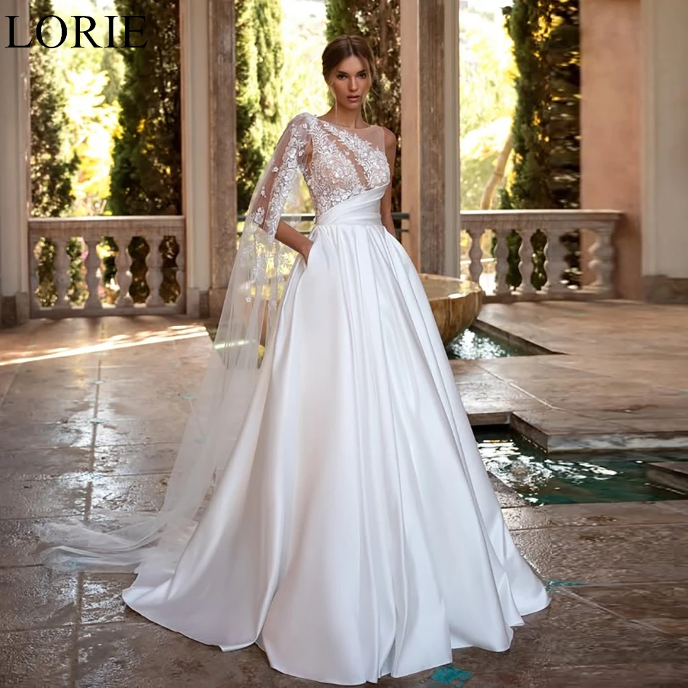 

LORIE BOHO Satin Wedding Dresses A-Line One Shoulder Lace Appliques Pleated Bride Prom Gown 2025 Fairy Bridal Gowns Customized