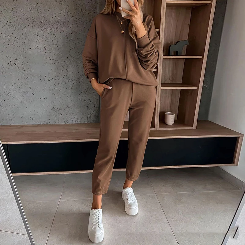 Casual Solid Loose Women Tracksuit 2 Pieces Round Neck Sweatshirt Pullover Sweatpants Outfits Winter Long Sleeve Sportswear Suit