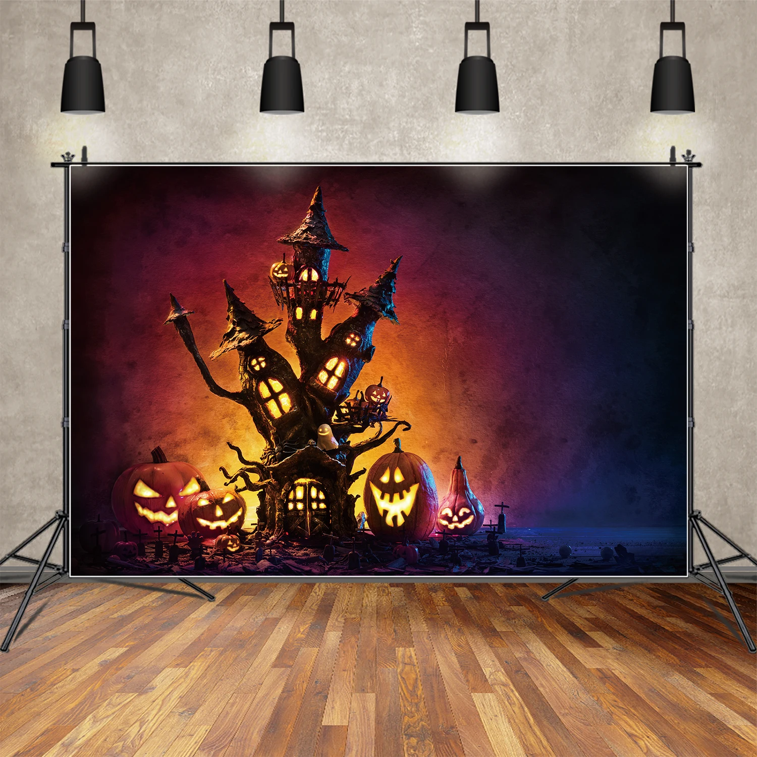 

MOON.QG Backdrop Baby Halloween Tree House Castle Pumpkin Figure Background Custom Party Photo Booth Gradient Color Decorations