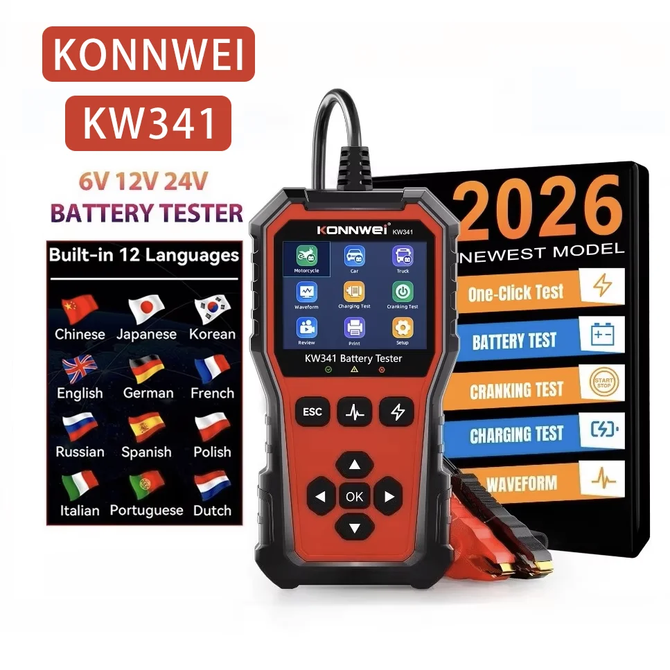 KONNWEI KW341 KW340 Car Moto Truck Battery Tester 6V12V24V Fault Data Printing Start Voltage Test Car Battery Charging Scan Tool