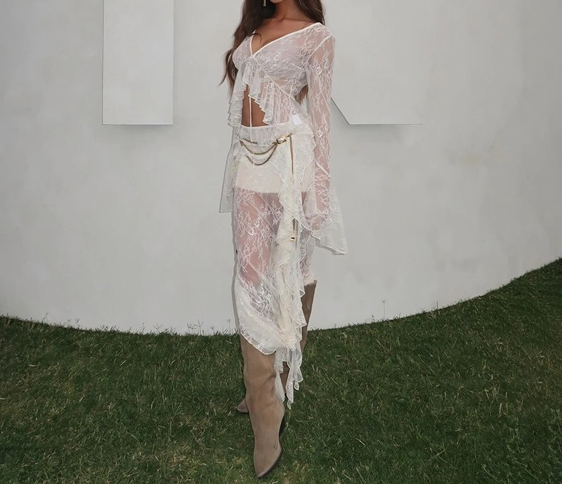 الفرنسية مثير الدانتيل كشكش تنورة المرأة أزياء تنوعا غير متناظرة عطلة تنورة طويلة