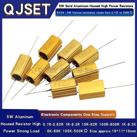 1pcs Gold Aluminum Housed High Power Resistors RX24-5W 0.1R 1R 2 3 4 5 6 8 10 20 47 100 150 200 300 470 Ohm 1K Ohm 10K 100K Ohms