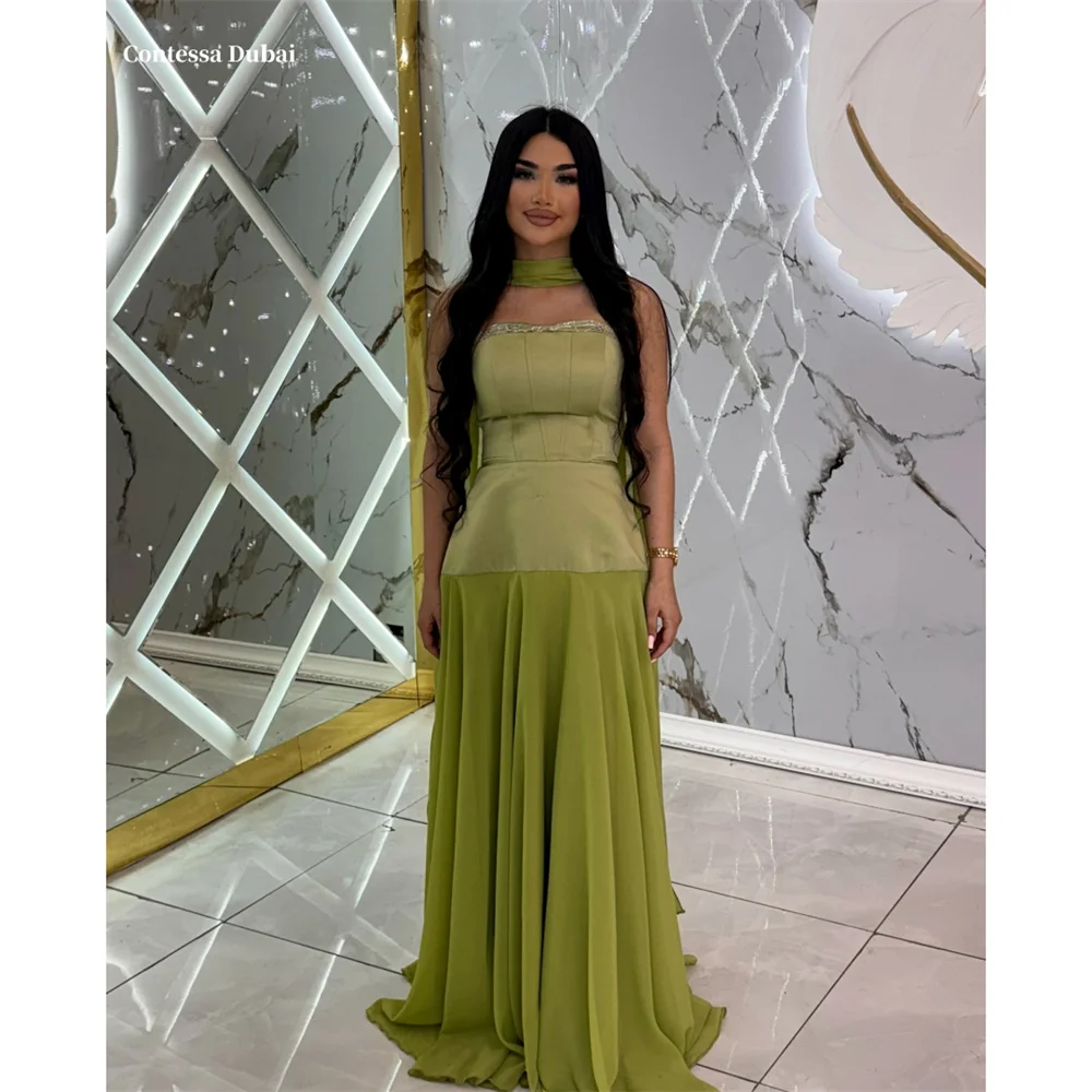 

Contessa Dubai Green Chiffon Halter Neck Decoration Prom Dresses Sparkling Rhinestone فساتين سهراتBustier Long Srobes de soirée