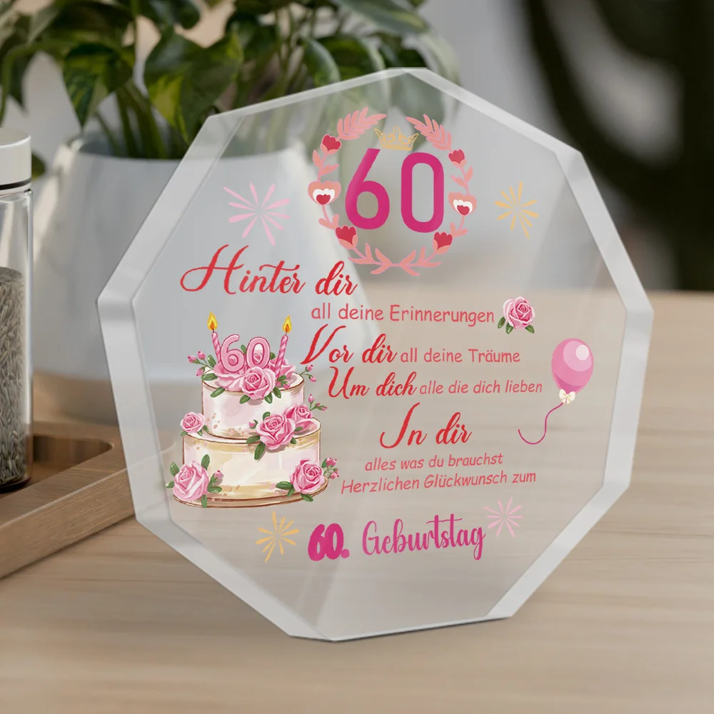 CIFBUY Metal Art German Birthday Farmhouse Acrylic Sign Nine-Angle Tabletop Decor Happy 60th Party Anniversary Gift Home Sign