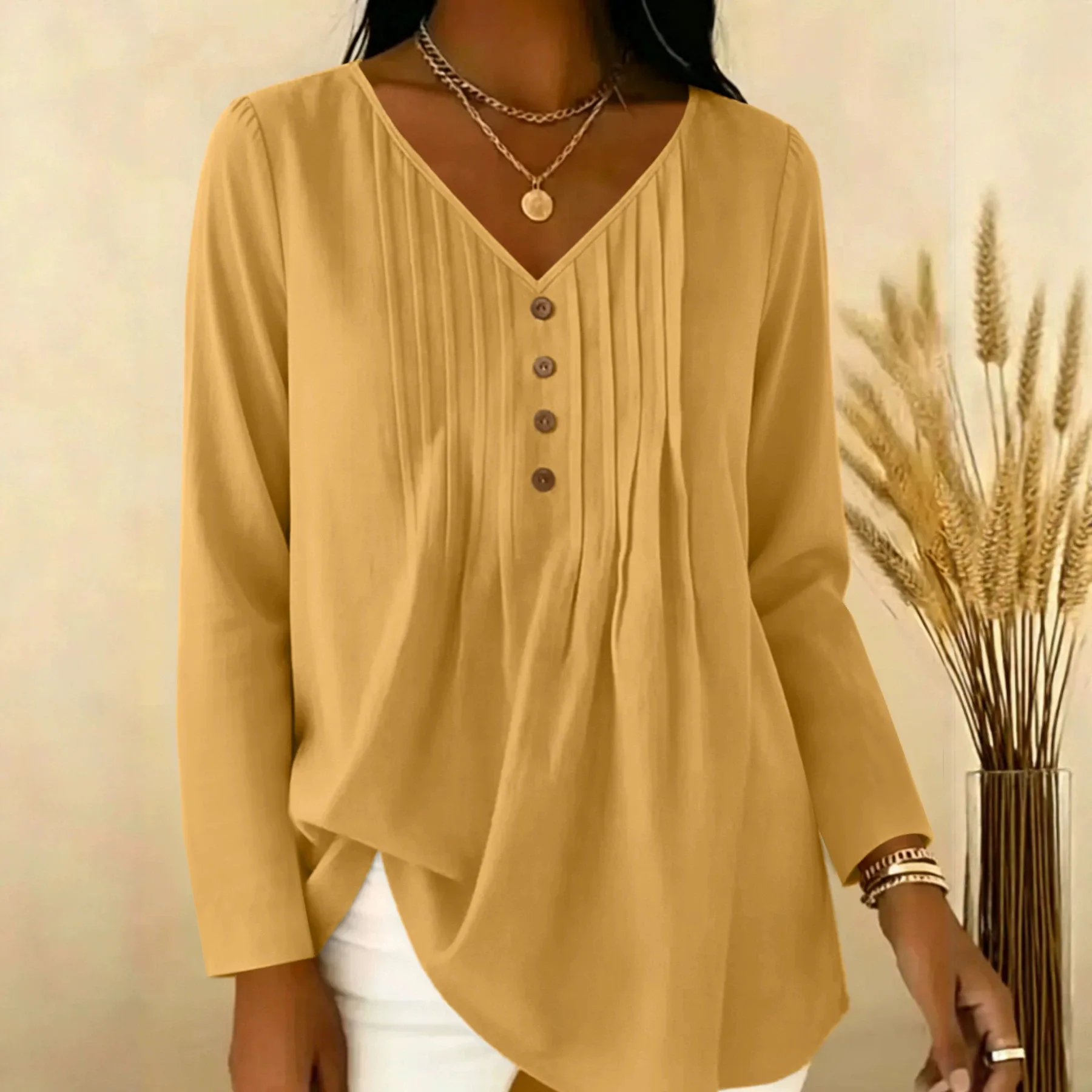 Gentle Early Autumn V-Neck Half Button Pleated Long Sleeve Blouse, Loose Fit Hide Belly Versatile Casual Shirt