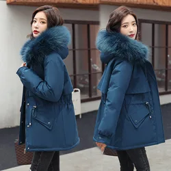 Chaqueta acolchada de algodón con capucha para mujer, Parkas cálidas de longitud media con forro de piel, prendas de vestir de invierno, 2023