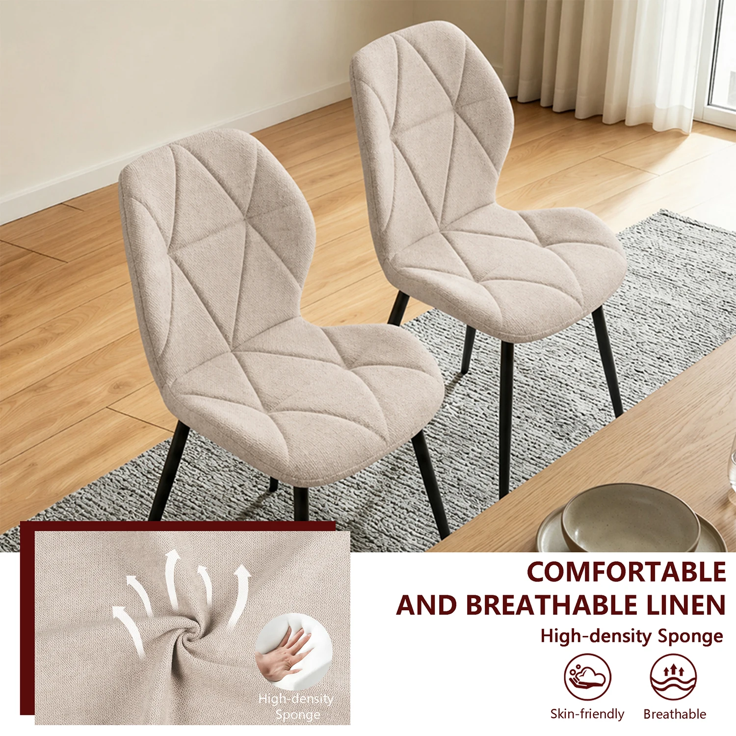 GrandCA HOME Set mit 2/4/6 modernen Esszimmerstühlen, gepolstert, mit Leinenstoff bezogen, minimalistische Bürostühle für Küche und Esszimmer – Detail 2