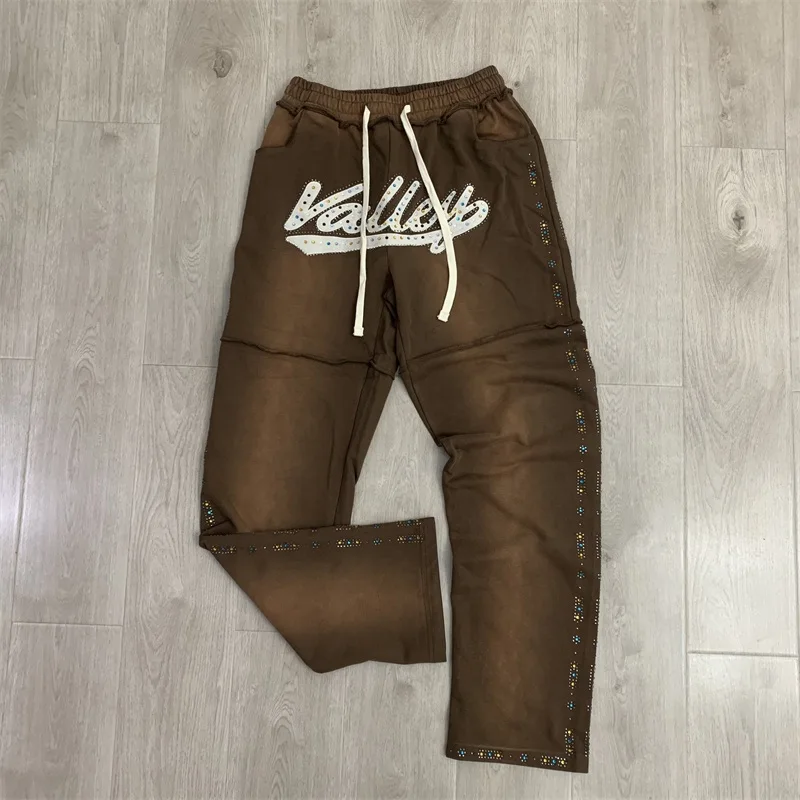 Wash Brown VALLEY Drawstring Sweatpants Pure Cotton Hot Drill Letters Vale Oversized Pants