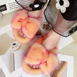 Fur Slippers Ladies Summer Fluffy Mink Fur Slippers 100% Mink Fur  Sandals Home Slippers Girls Outdoor Plush Flip Flops Slippers