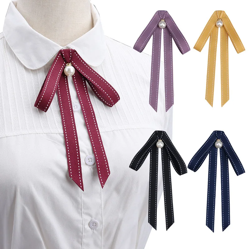 New Pearl Ribbon Brooches Pin Bow Tie Vintage Shirts Collar Black Blue Bowknot Sweet Ladies Necktie Clip Women Girl Clothes Ties