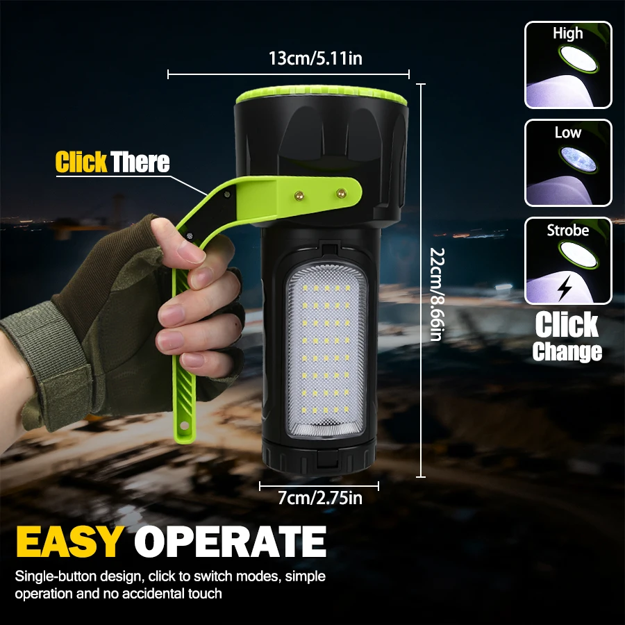 مصباح يدوي XHP50 LED ساطع 1000 متر، ضوء بحث زوومابلي XPE مع شحن من النوع C، قضيب تليسكوبي مقاوم للماء IPX6 وعرض الطاقة