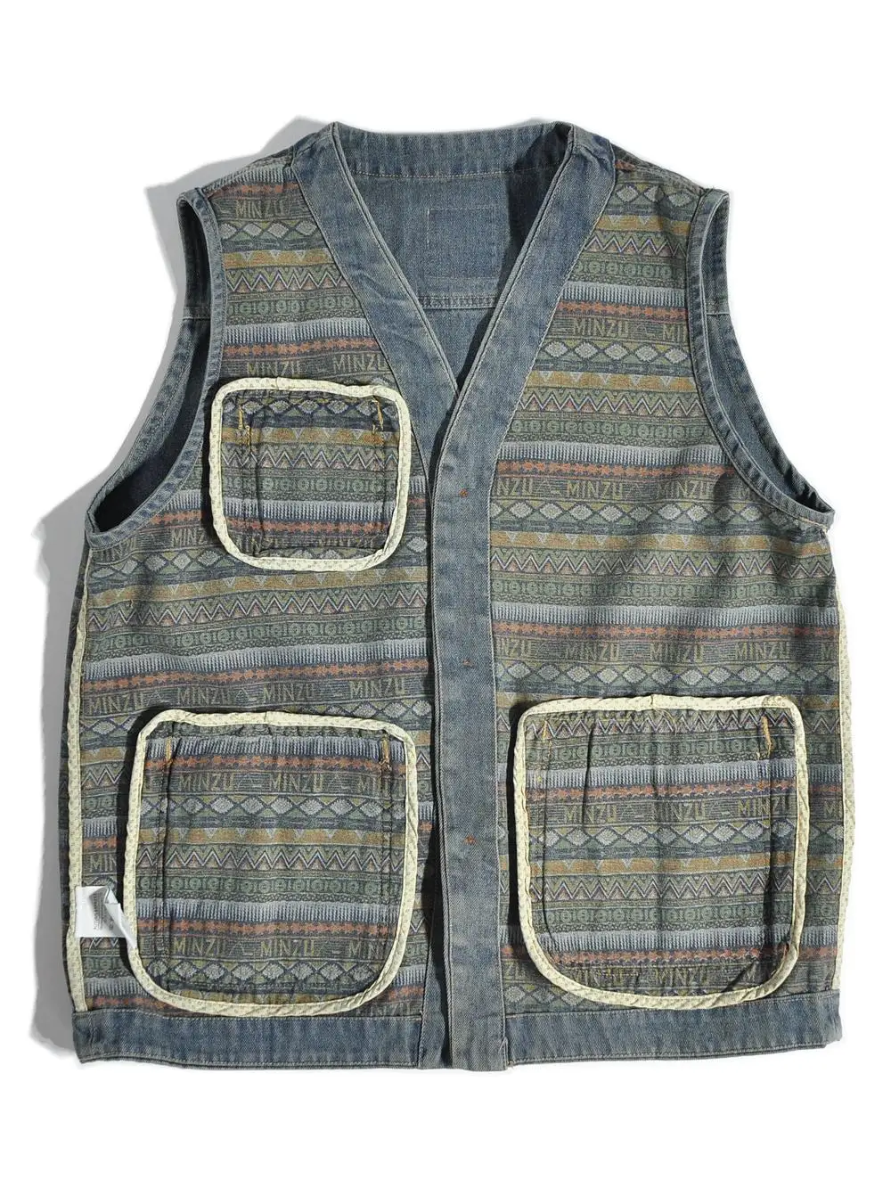 100% Cotton Washed Japanese Ethnic Style Amekaji HK Style V-neck Denim Vest American Vintage Casual Vest Shoulder
