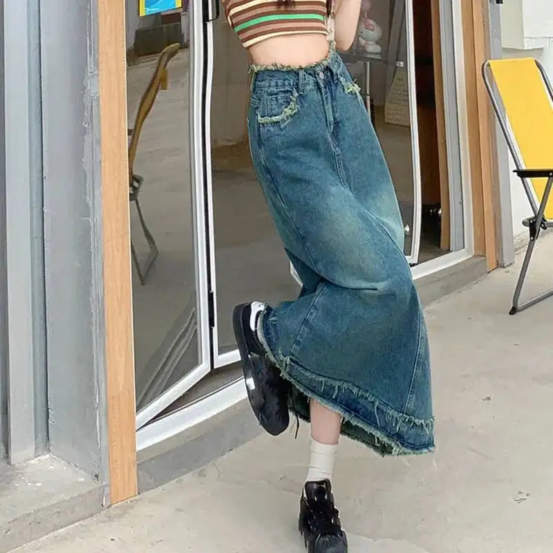 Lucyever Vintage Blue Denim Frauen Sommer Neue Mittlere Länge EINE Linie Jean Rock Frau Casual Alle Spiel Hohe Taille Lange Röcke