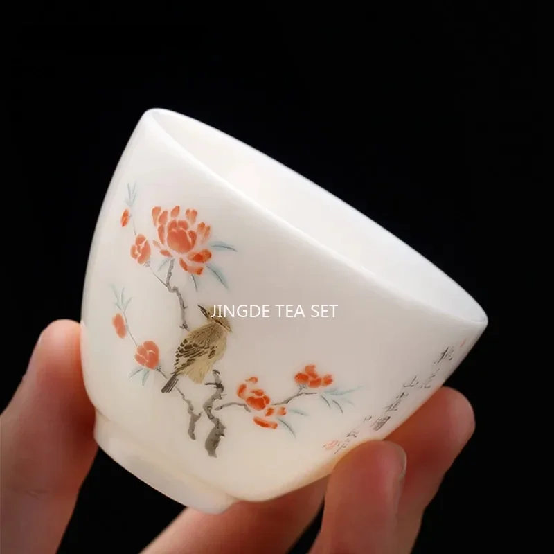 Boutique Suet Jade Ceramic Teacup Personal Meditation Cup Hand Painted Flowers Tea Bowl Pu'er Master Cup Tea Set Accessories