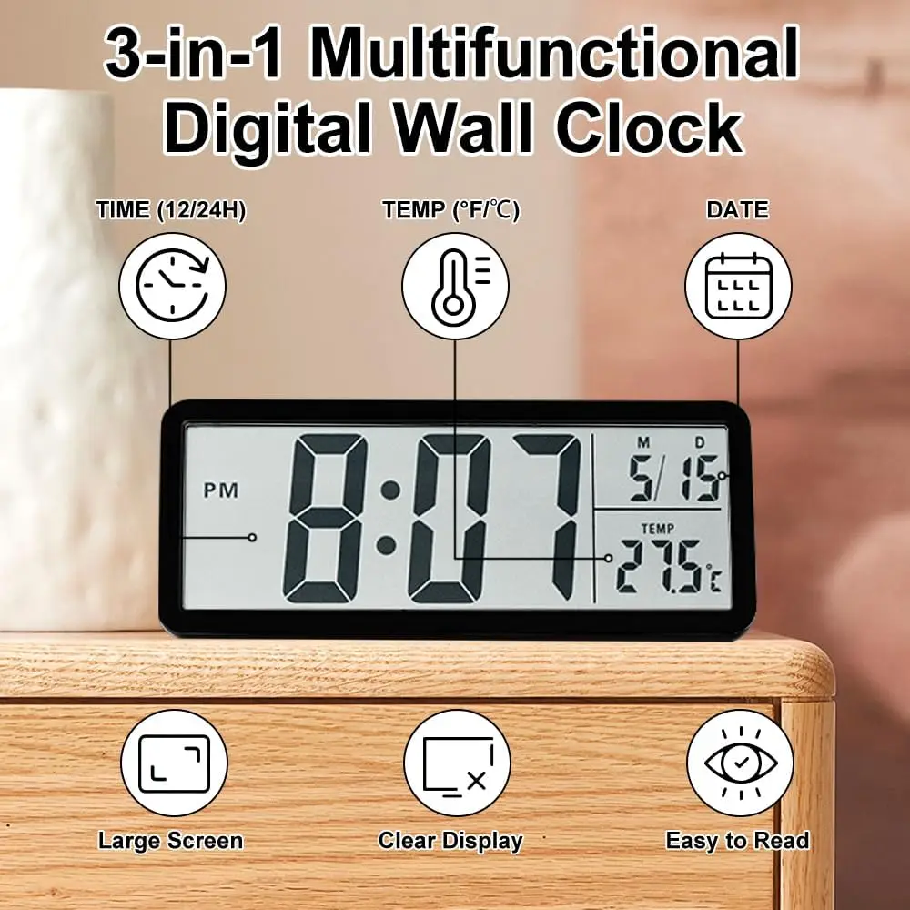 3 IN 1 Digital Wall Clock LCD Digital Wall Clock with Battery/USB Operated Wall Clocks for Living Room, Bedroom, Kitchen, Desk