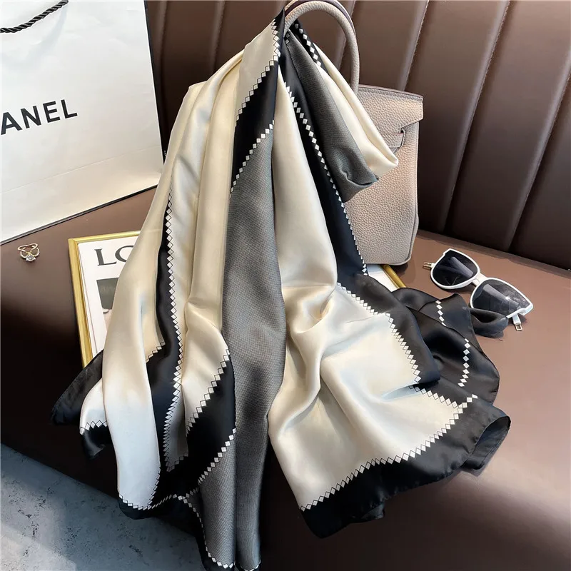 2024 New Elegant Women\'s Scarf Korean Fashion Spring and Autumn Silk-like Decorative Scarf Geometric Color blocked Modern Girl