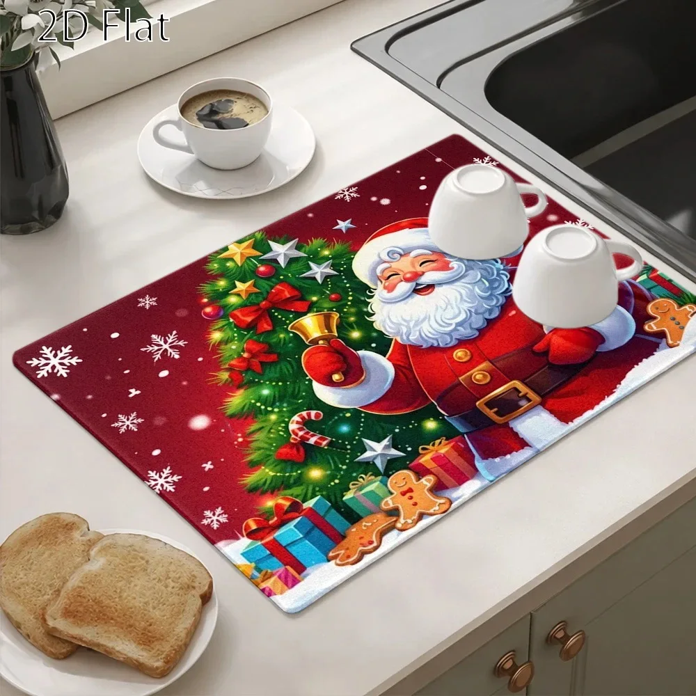 VIKAMA Santa Claus Ringing Bell Christmas Tree Red Snowflake Stove Mat, Non Slip Absorbent Dish Drying Mat Coffee Bar Xmas Decor