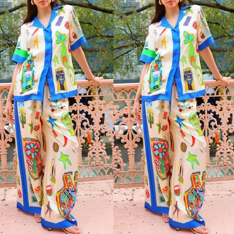 

Graffiti Print Short Sleeve Lapel Shirt Trousers Casual Women's Summer Suit Pants Sets for Women 2 Pieces Women's Clothing Sales