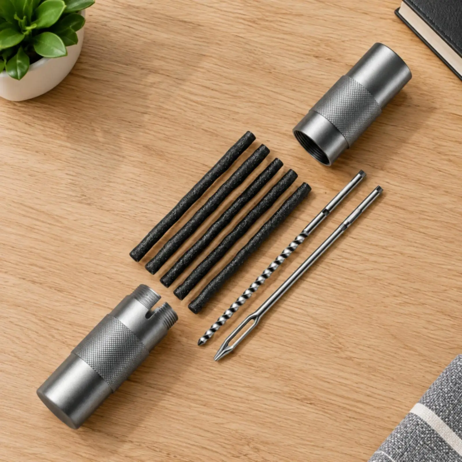 Metal Handled Tire Repair Tool with Plugs for Scooter Bicycle Tubeless Tire Quick Roadside Puncture Patch
