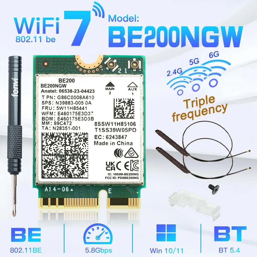 

WiFi 7 for Intel BE200 Network Card Bluetooth 5.4 Tri Band 2.4/5/6GHz 8774Mbps BE200NGW M.2 Wireless Adapter Better than Wifi 6E