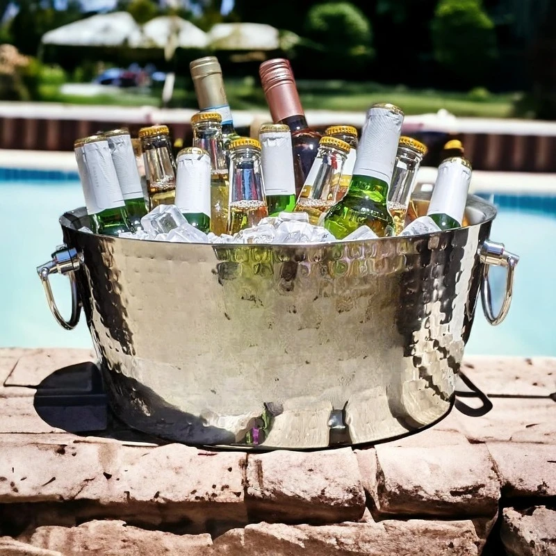

Personalized Hammered Stainless-Steel Double-Walled Insulated Drink Tub with 4 Steel Champagne Flutes - Wedding and