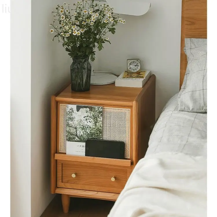 Nordic solid wood bedside table Japanese style rattan mini locker simple bedroom drawer storage cabinet sofa sideboard bedside